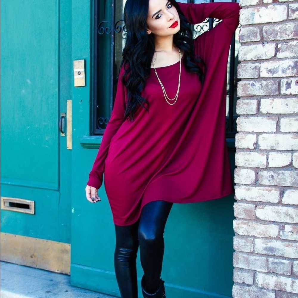 Berry Burgundy Oversized Soft Rayon Jersey Tunic Top Shirt